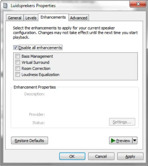 Свойства звукового устройства, вкладка Enhancements: включён флажок Disable all enhancements